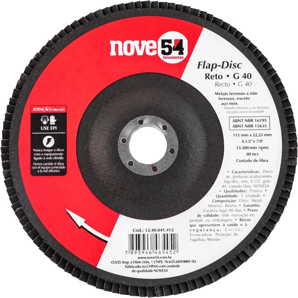 DISCO DE DESBASTE TIPO FLAP GRAO 40 115MM X 22MM - FIBRA 954