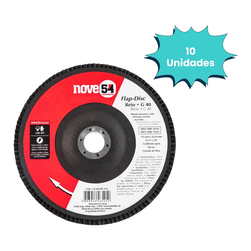 DISCO DE DESBASTE TIPO FLAP GRAO 40 115MM X 22MM - FIBRA 954 (CX 10 UNIDADES)